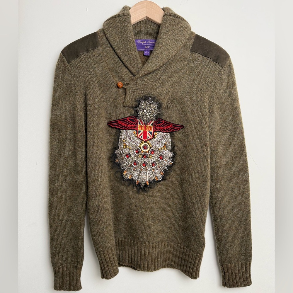 Ralph Lauren purple label 50th anniversary Khaki Sweater with Embroidered Emblem